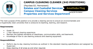 University of Cape Town(UCT) is Looking For Forty Three(43) Campus Cleaners: R156 300 to R183 882 Per Annum