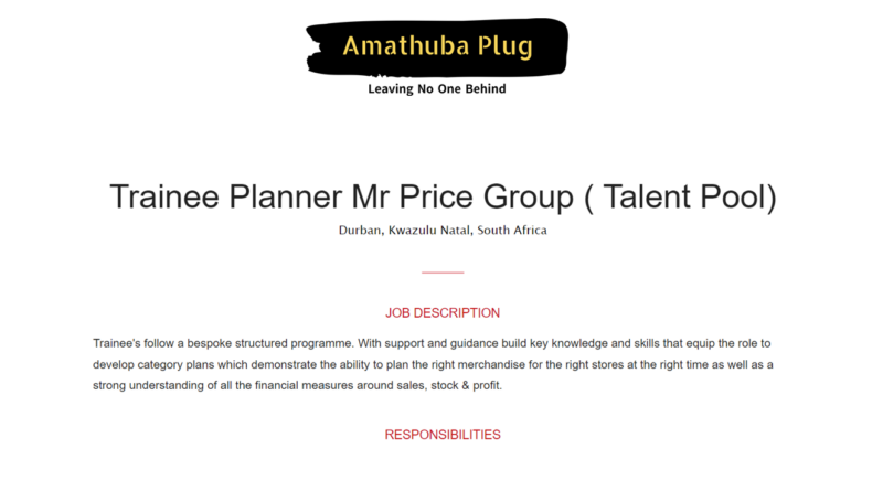 Trainee Planner Vacancy Opportunity At Mr Price Group