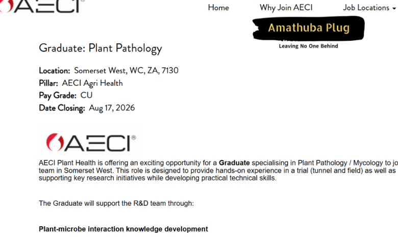 Graduate Plant Pathology Job in Somerset West: AECI Plant Health Is Hiring a Science Graduate for 2026